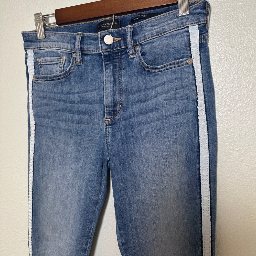 Banana Republic Premium Denim Mid Rise Skinny Jeans Blue Lace Side Stripe 27